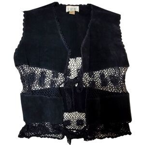 Vintage De Rotchild size 1X Leather floral crochet gorgeous black vest
